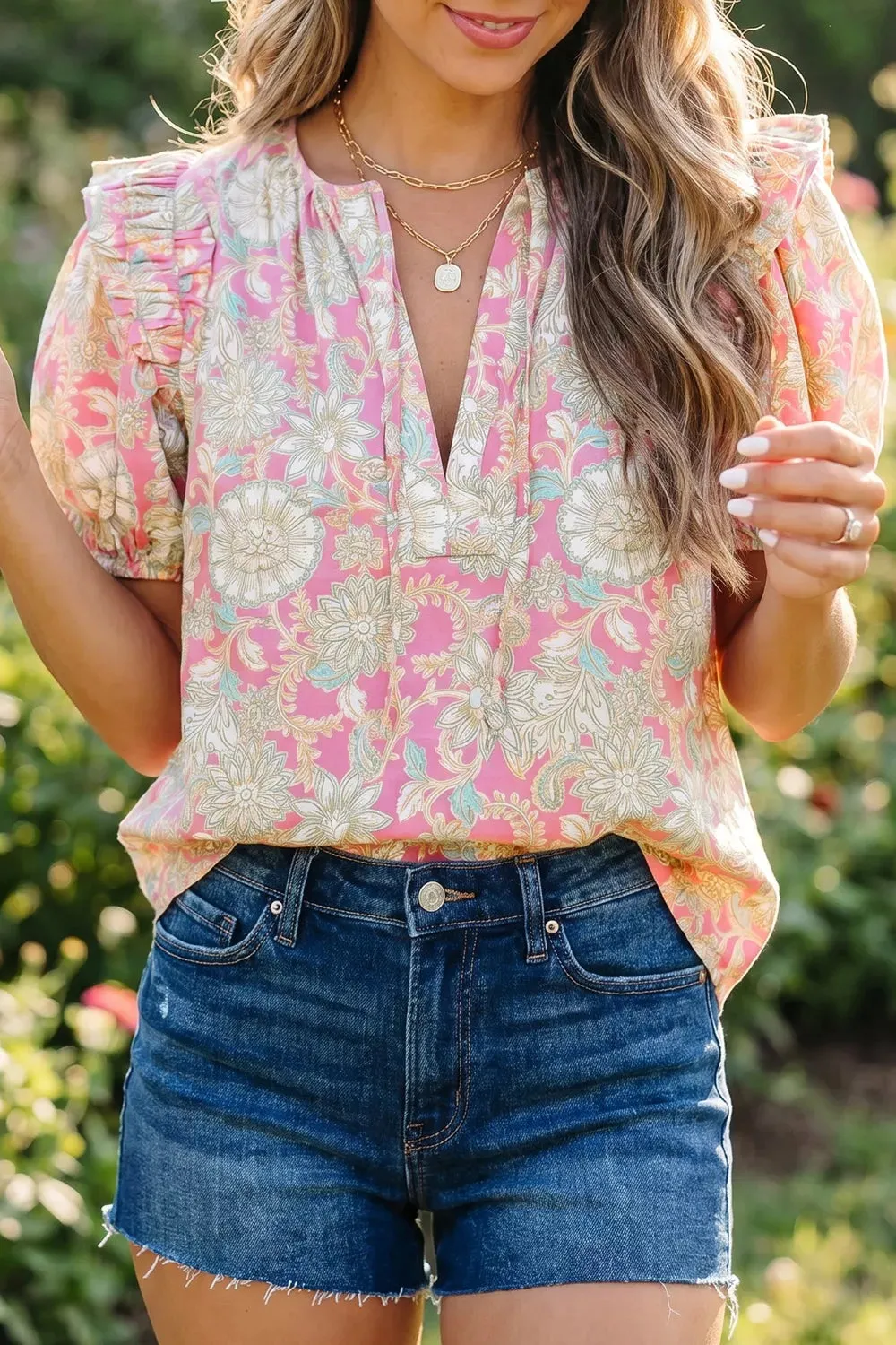 Tie V Neck Floral Short Puff Sleeve Blouse sold by Charming Charlie product image thumbnail 2
