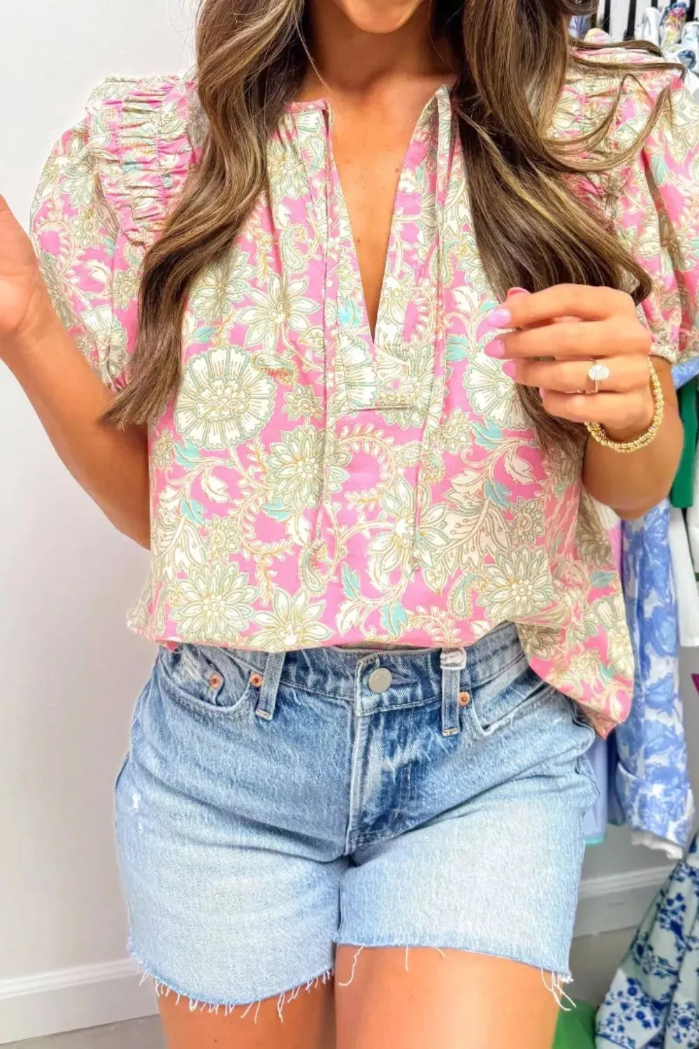 Tie V Neck Floral Short Puff Sleeve Blouse sold by Charming Charlie product image thumbnail 3