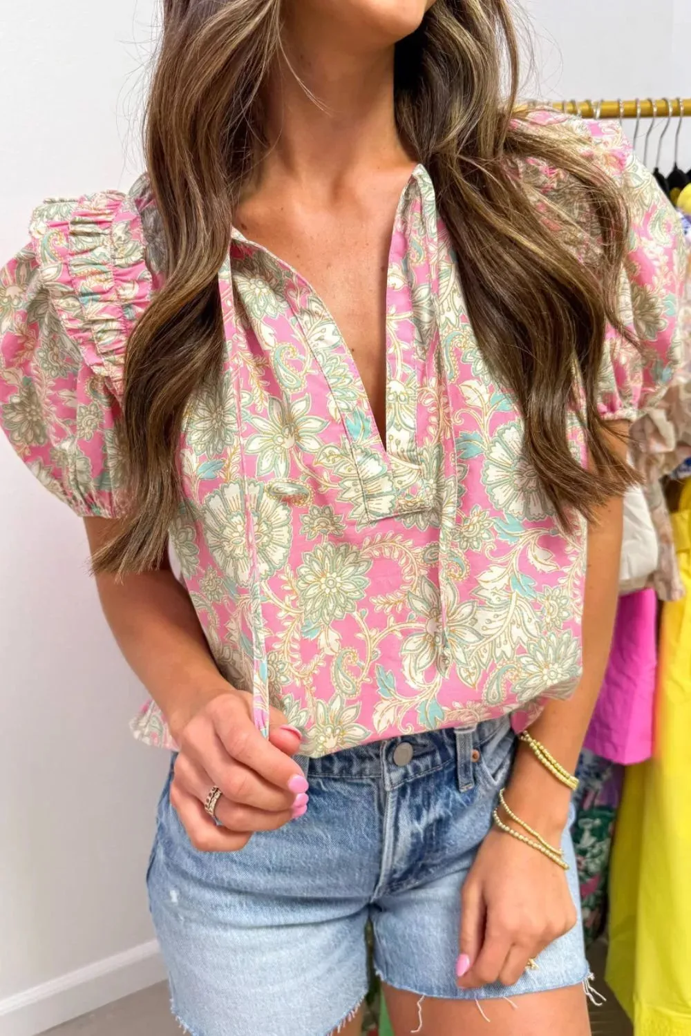 Tie V Neck Floral Short Puff Sleeve Blouse sold by Charming Charlie product image thumbnail 4