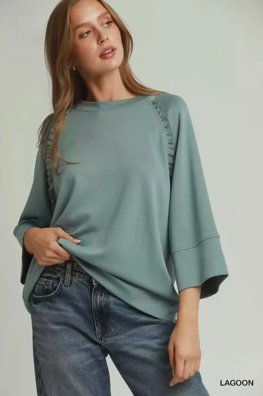 Umgee Ruffle Trim 3/4 Raglan Sleeve Top made by Trendsi