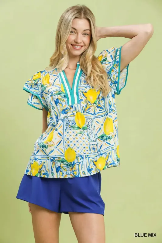Umgee Abstract Print Flutter Sleeve Blouse made by Trendsi