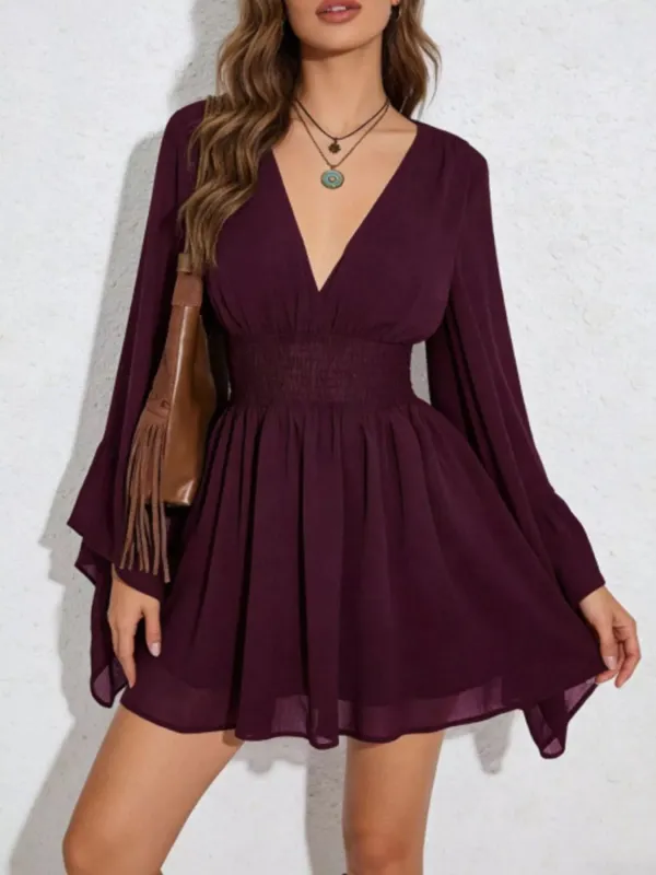 V-Neck Flowy Long Sleeve Mini Dress made by Trendsi