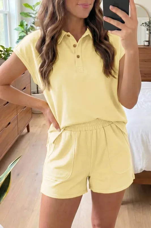 Solid Color Polo Tee Elastic Waist Shorts Lounge Set made by Trendsi