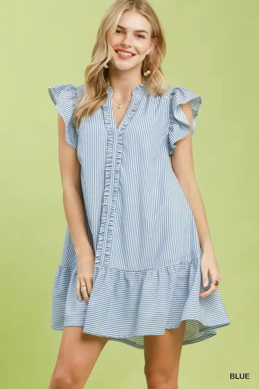 Umgee Ruffle Trim Stripe Flutter Sleeve Mini Dress made by Trendsi