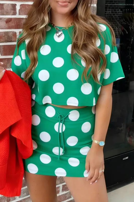 Polka Dot Print Cropped Tee Bodycon Skort 2pcs Set made by Trendsi