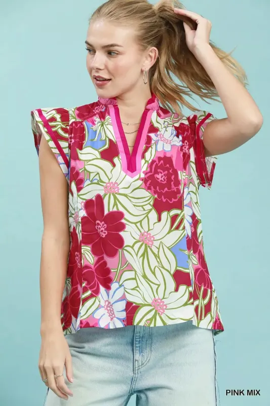 Umgee Bold Floral Flutter Sleeve Top made by Trendsi