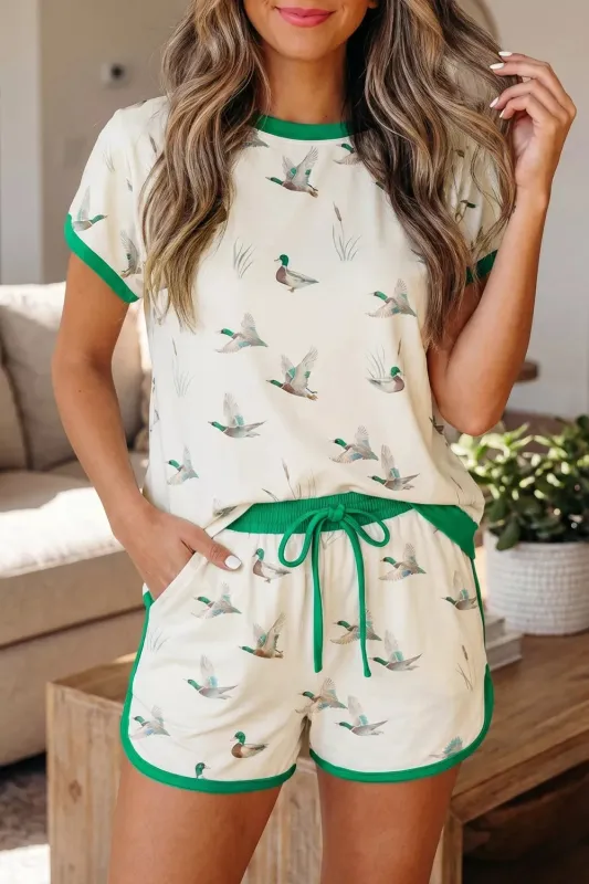 Mallard Printed Colorblock Trim Short Set made by Trendsi