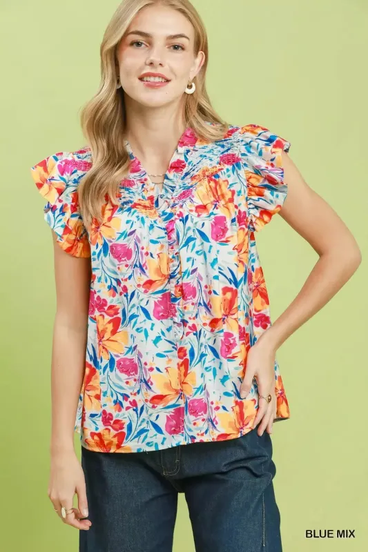 Umgee Smocked Yoke Ruffle Sleeve Floral Blouse made by Trendsi