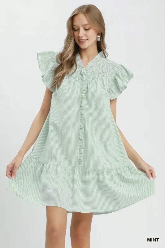 Umgee Stripe Smocked Yoke Ruffle Dress made by Trendsi