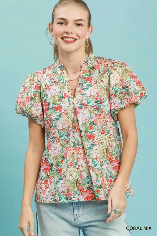 Umgee Floral Puff Sleeve Blouse made by Trendsi