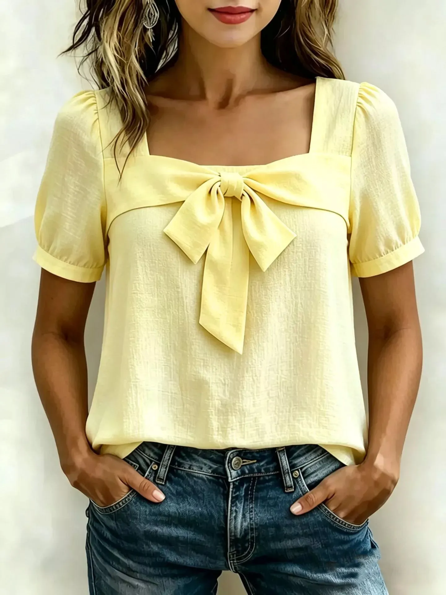Bow Tie Square Neck Puff Sleeve Blouse sold by Charming Charlie product image thumbnail 5