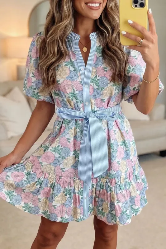 Floral Print Striped Contrast Trim Belted Short Dress made by Trendsi