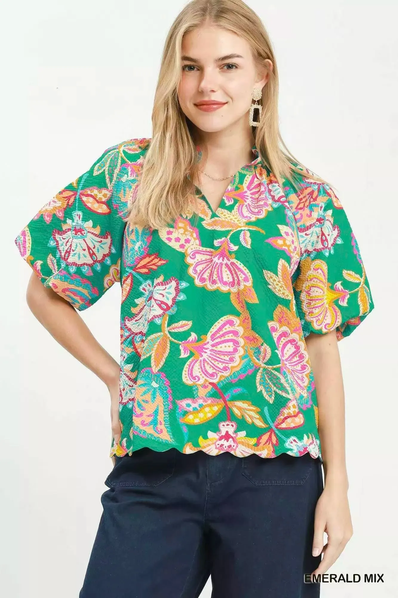 Umgee Mix Floral Print Scallop Hem Blouse sold by Charming Charlie