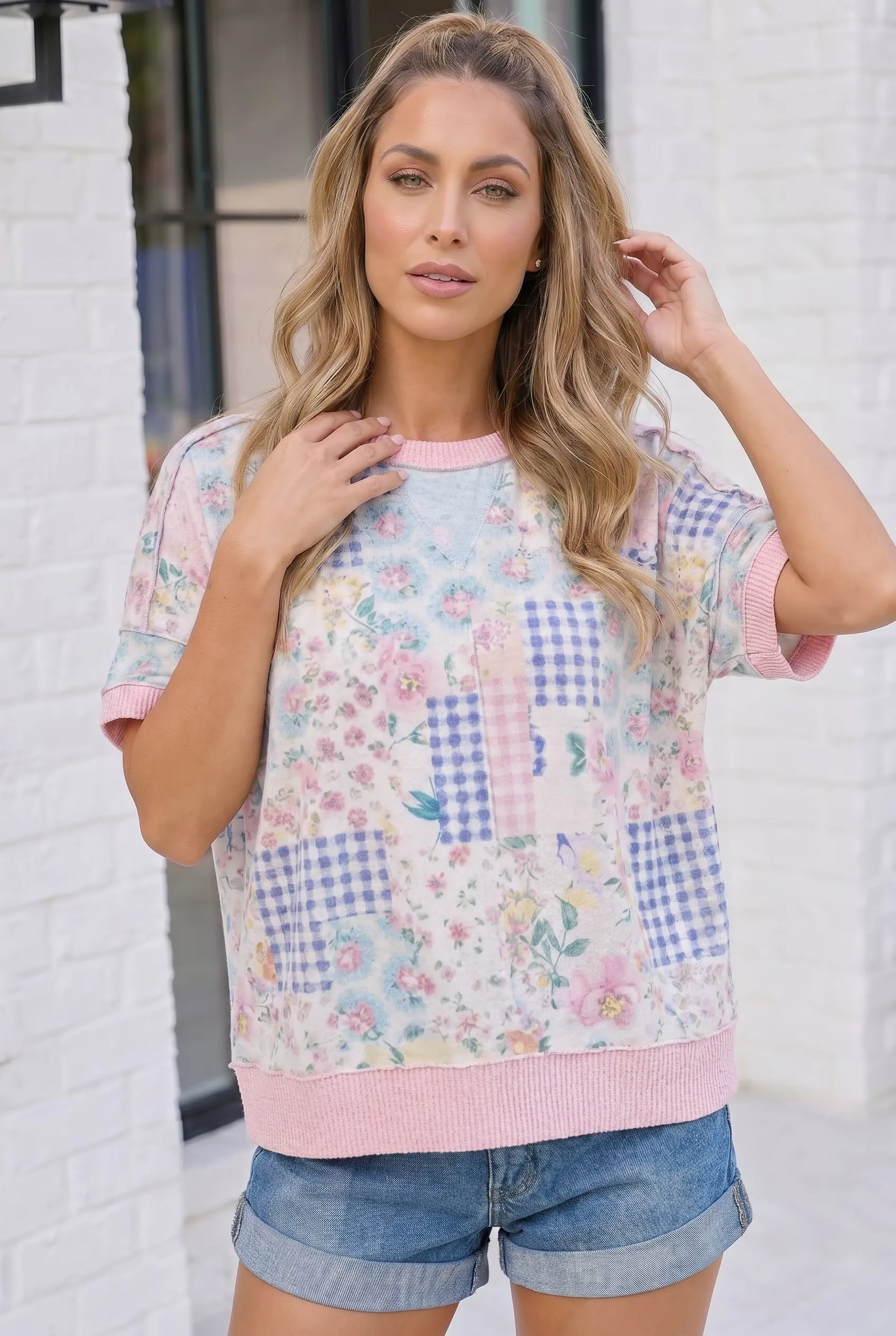 Floral Patchwork Short Sleeve Sweatshirt Top sold by Charming Charlie