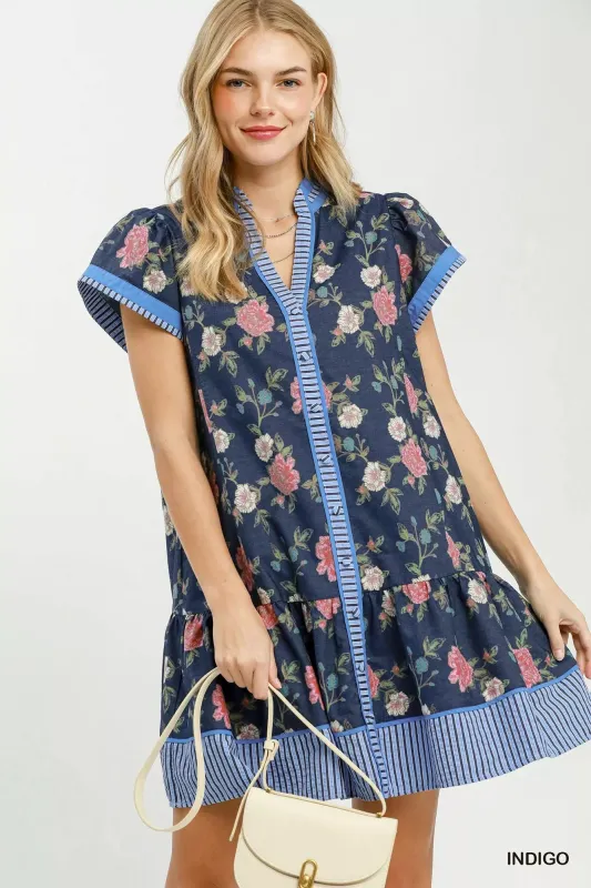 Umgee Floral Contrast Trim Ruffle Hem Mini Dress made by Trendsi