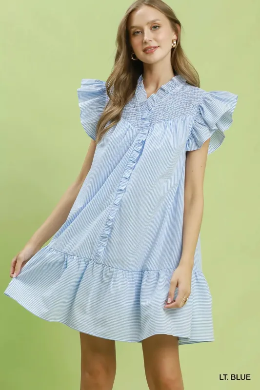 Umgee Stripe Smocked Yoke Ruffle Dress made by Trendsi