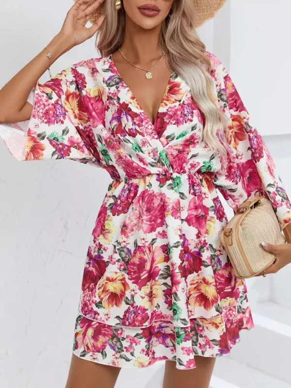Floral Print Layered Ruffle Hem Mini Dress made by Trendsi