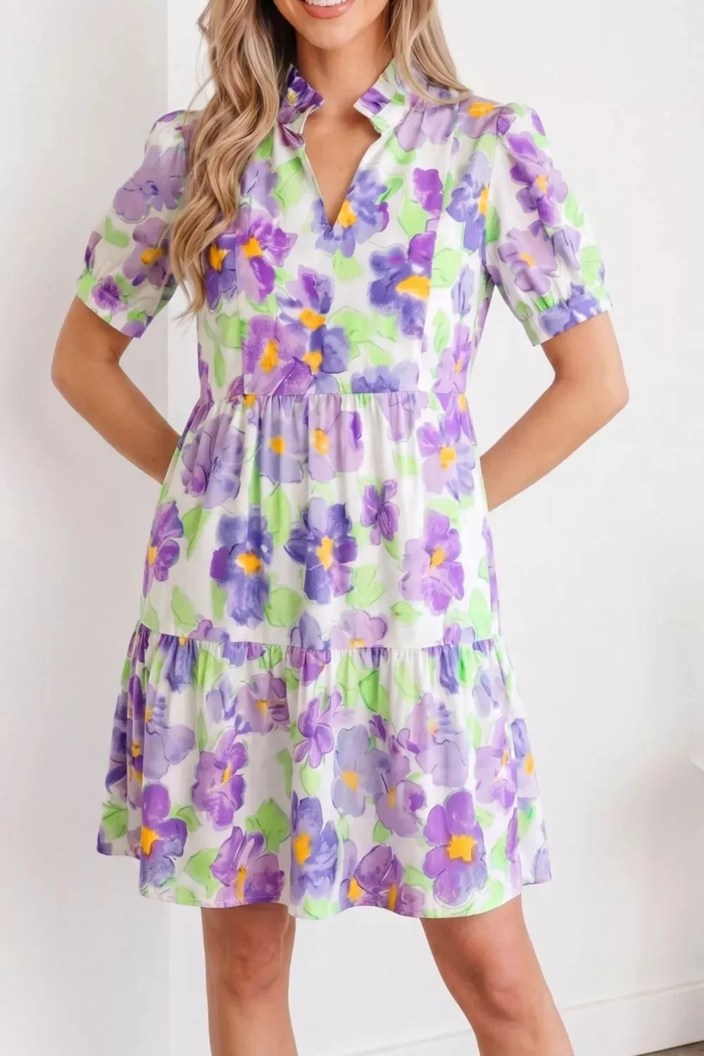 Floral V Collar Short Sleeve Tiered Ruffle Mini Dress sold by Charming Charlie product image thumbnail 3