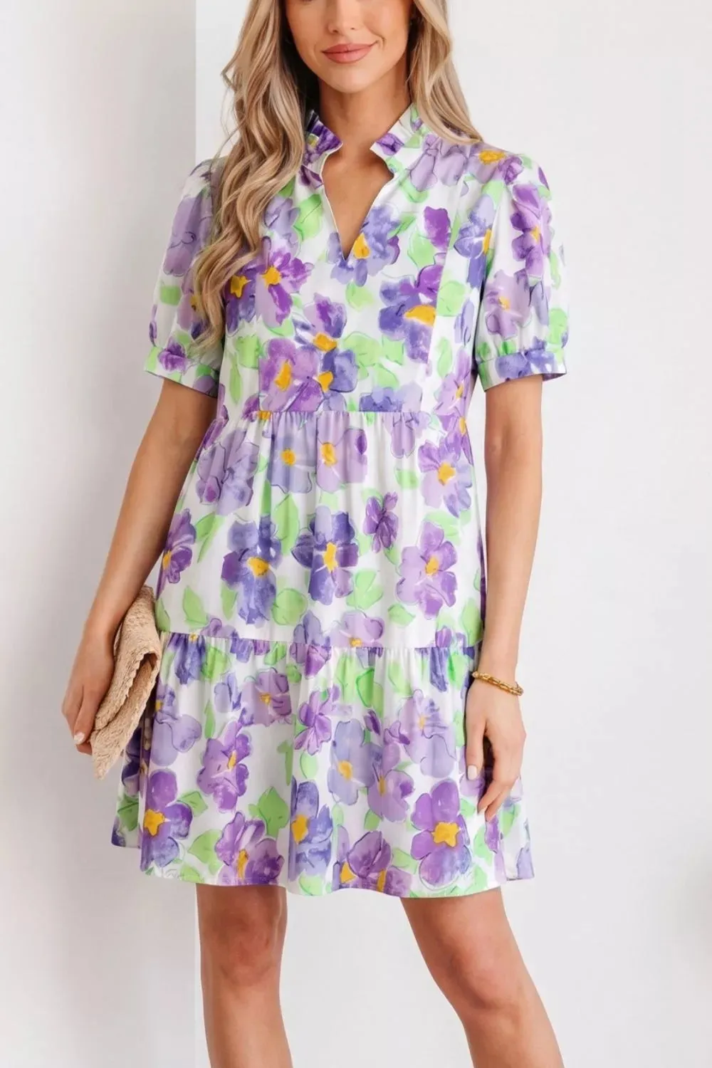 Floral V Collar Short Sleeve Tiered Ruffle Mini Dress sold by Charming Charlie product image thumbnail 4