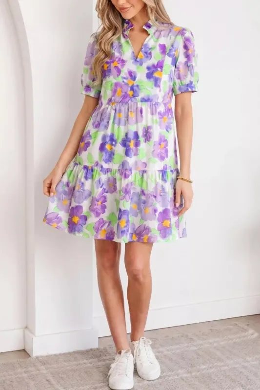 Floral V Collar Short Sleeve Tiered Ruffle Mini Dress made by Trendsi