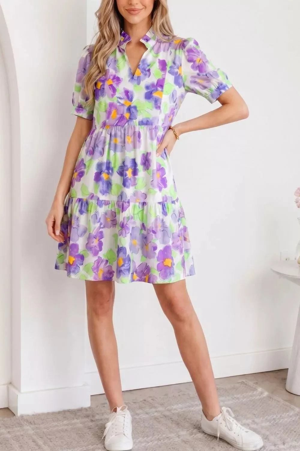 Floral V Collar Short Sleeve Tiered Ruffle Mini Dress sold by Charming Charlie product image thumbnail 2