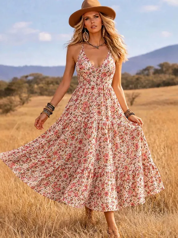 Floral Print V-Neck Midi Dress made by Trendsi