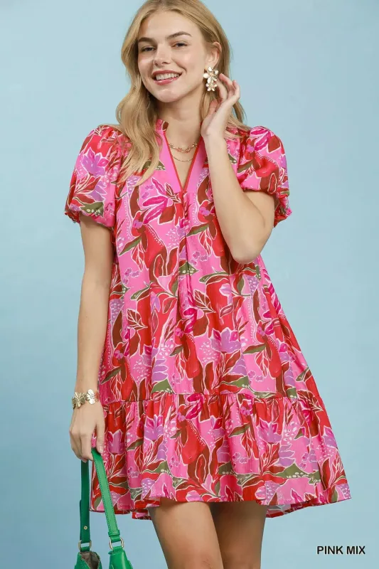 Umgee Tropical Floral Puff Sleeve Tiered Mini Dress made by Trendsi