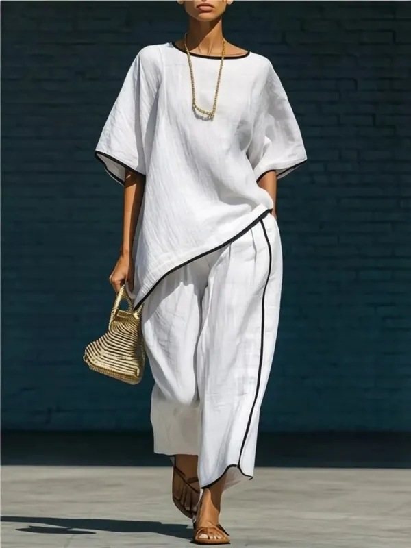 Contrast Trim Round Neck Top and Pants Set made by Trendsi
