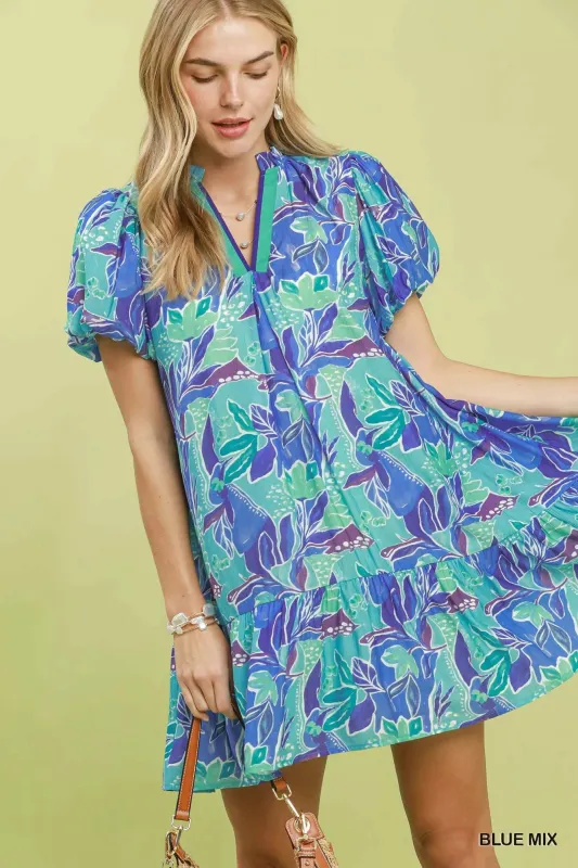 Umgee Tropical Floral Puff Sleeve Tiered Mini Dress made by Trendsi