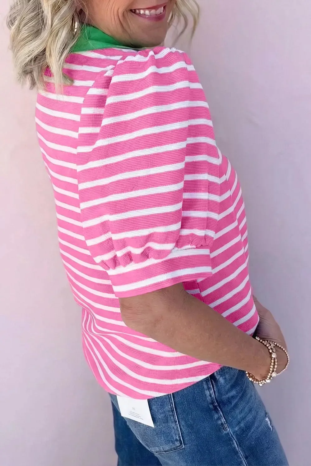 Stripe Short Puff Sleeve Color Block Polo Collar Blouse sold by Charming Charlie product image thumbnail 2