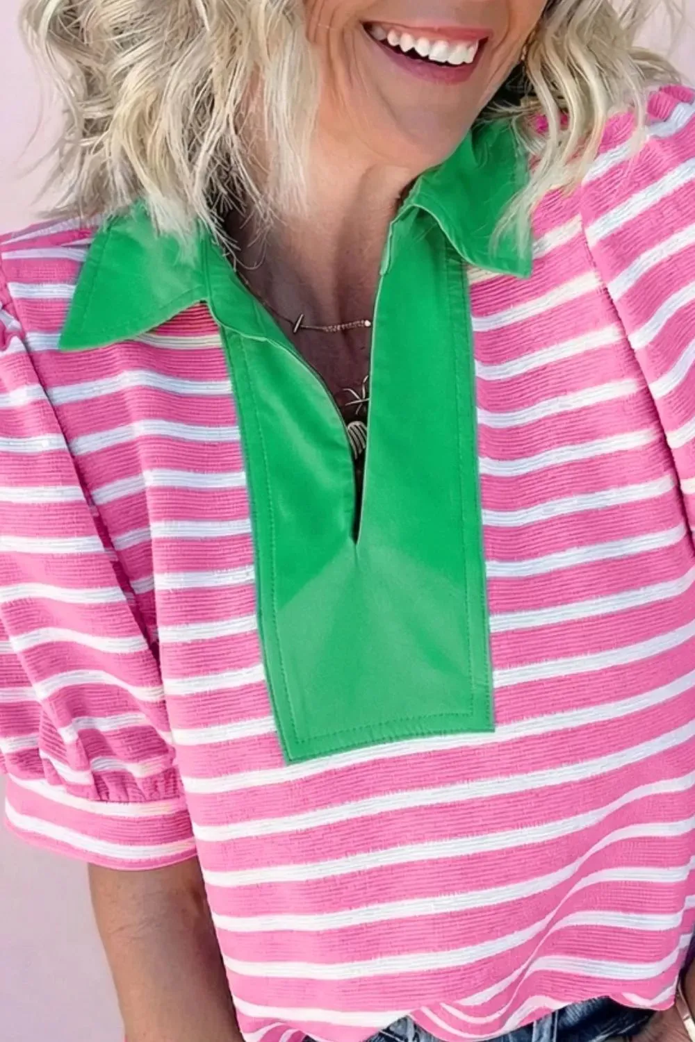 Stripe Short Puff Sleeve Color Block Polo Collar Blouse sold by Charming Charlie product image thumbnail 3