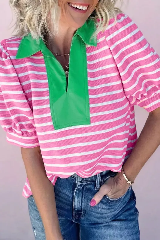Stripe Short Puff Sleeve Color Block Polo Collar Blouse made by Trendsi