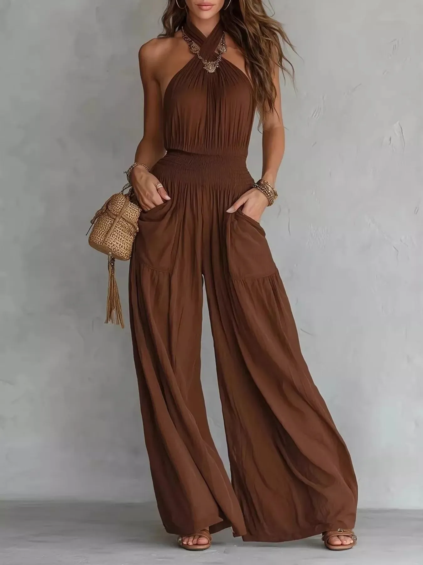 Halter Neck Wide-Leg Jumpsuit sold by Charming Charlie