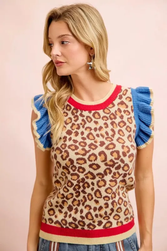 BiBi 4th Of July Leopard Ruffled Detail Knit Top made by Trendsi