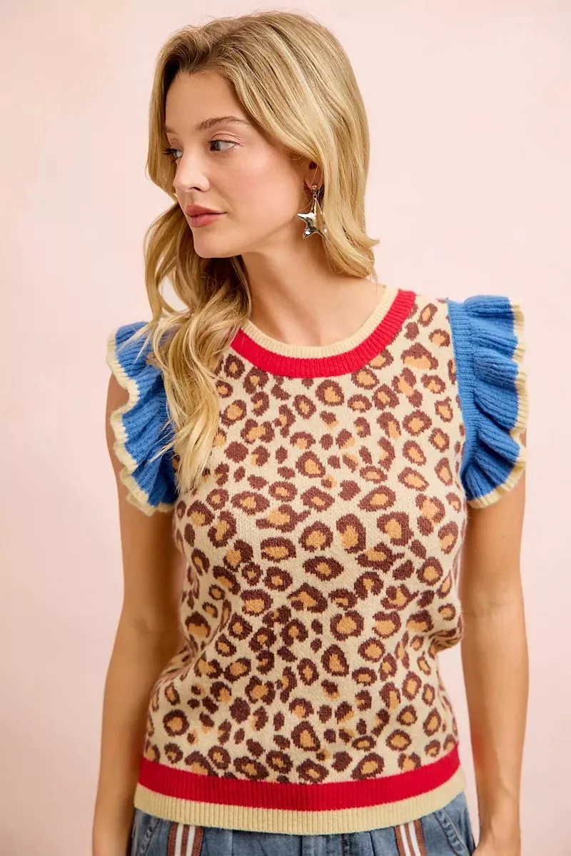 BiBi 4th Of July Leopard Ruffled Detail Knit Top sold by Charming Charlie