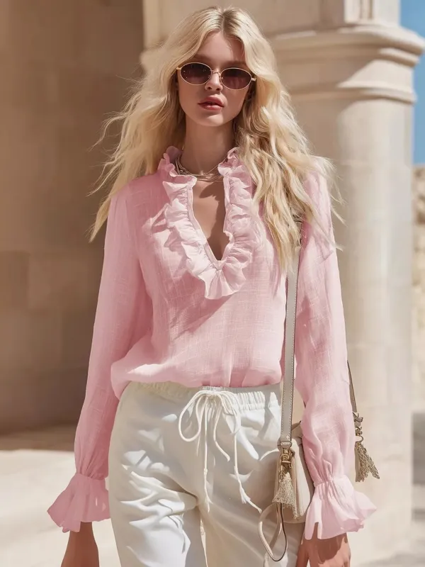 Ruffled V-Neck Long Sleeve Blouse made by Trendsi