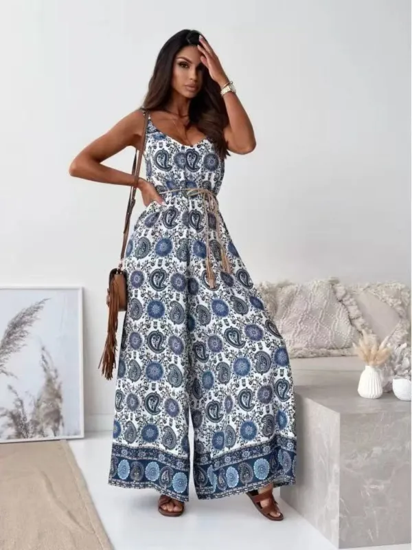 Printed Spaghetti Strap Wide-Leg Jumpsuit made by Trendsi