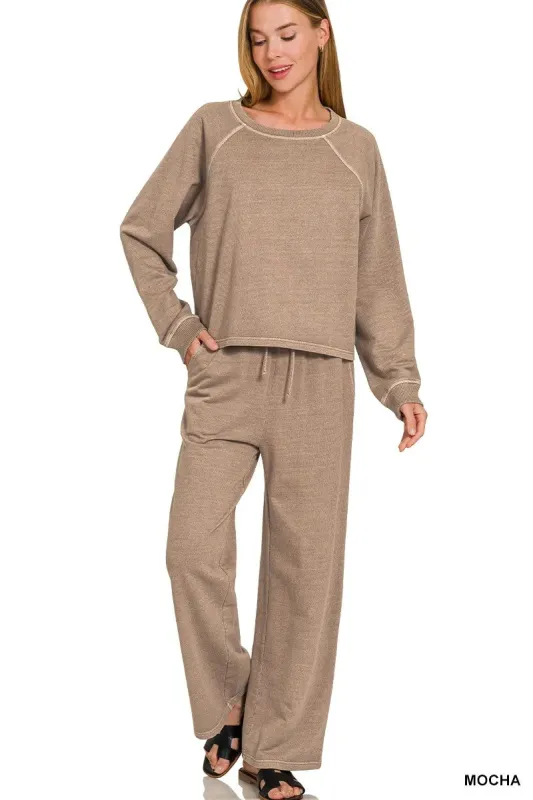 Zenana Washed F/terry Round Neck Pullover & Pants Set made by Trendsi