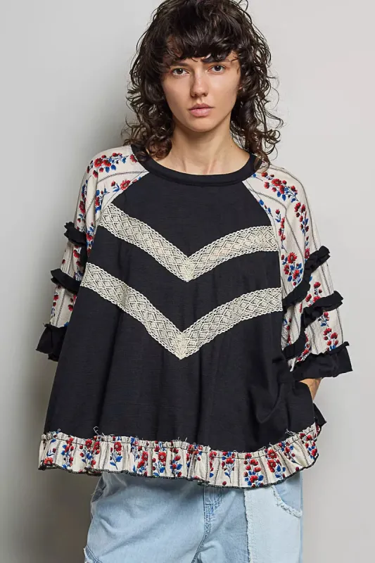 POL Round Neck Half Sleeve Contrast Floral Lace Oversized Knit Top made by Trendsi