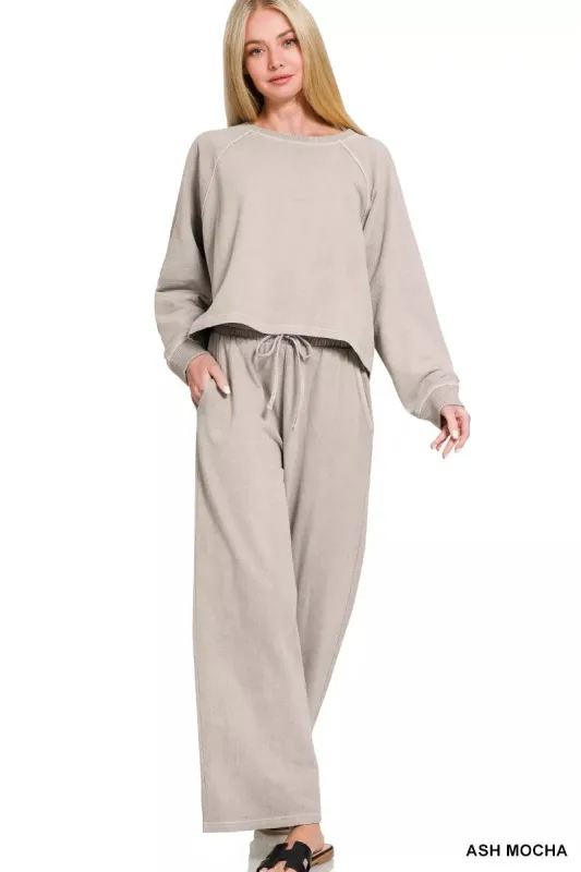 Zenana Washed F/terry Round Neck Pullover & Pants Set made by Trendsi