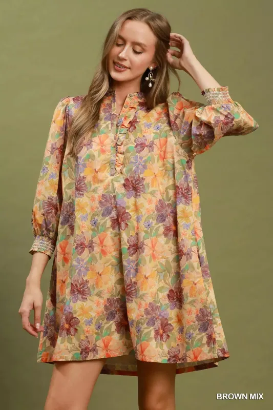 Umgee Mix Floral Print Smocked Cuff Mini Dress made by Trendsi