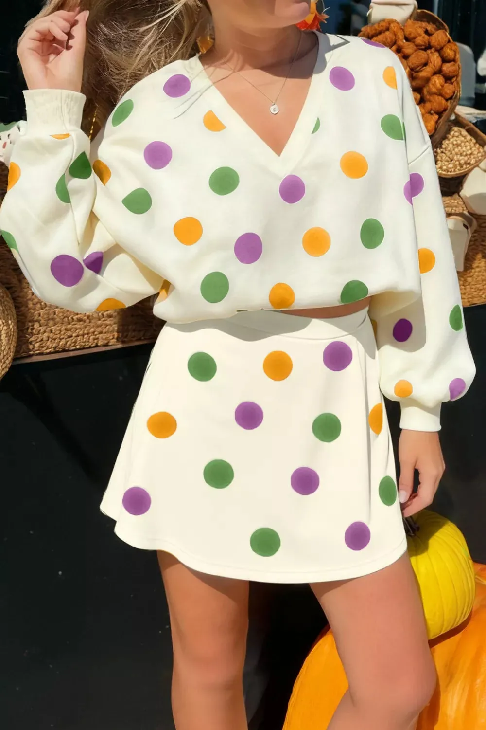Polka Dot V-Neck Top and Skirt Set sold by Charming Charlie
