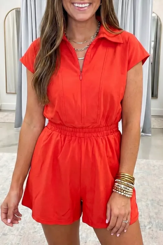 Half Zip Polo Tee Elastic Waist Romper made by Trendsi