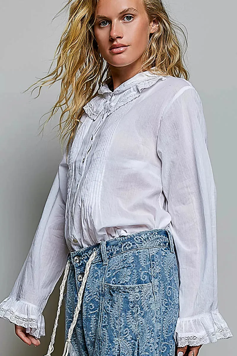 POL Woven Lace Trim Pintuck Button-Down Shirt sold by Charming Charlie product image thumbnail 2