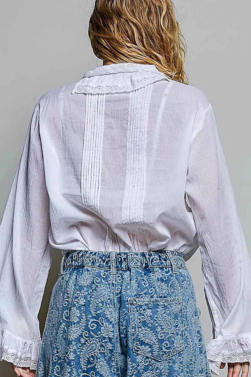 POL Woven Lace Trim Pintuck Button-Down Shirt sold by Charming Charlie product image thumbnail 3
