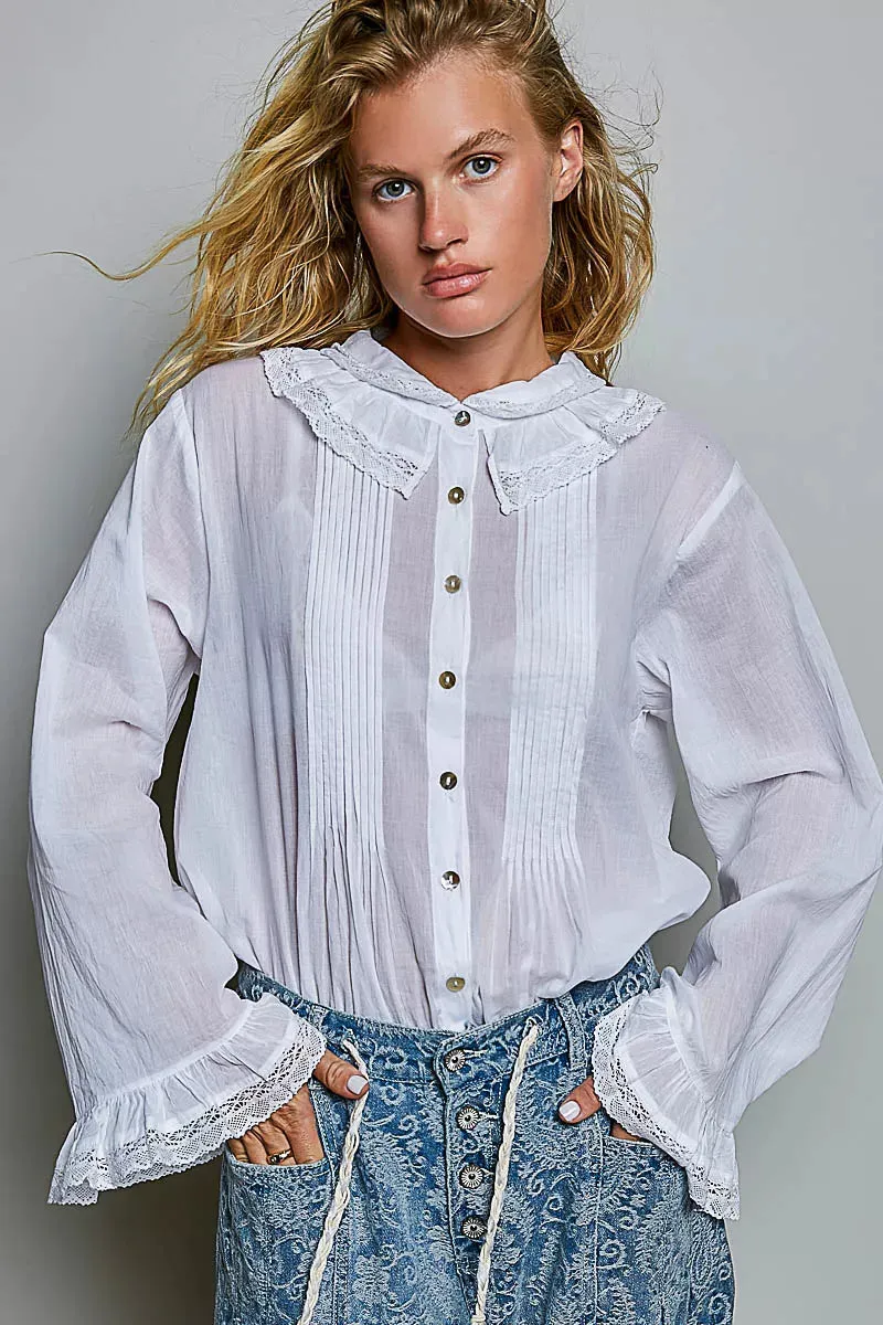 POL Woven Lace Trim Pintuck Button-Down Shirt sold by Charming Charlie product image thumbnail 4
