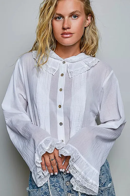 POL Woven Lace Trim Pintuck Button-Down Shirt made by Trendsi
