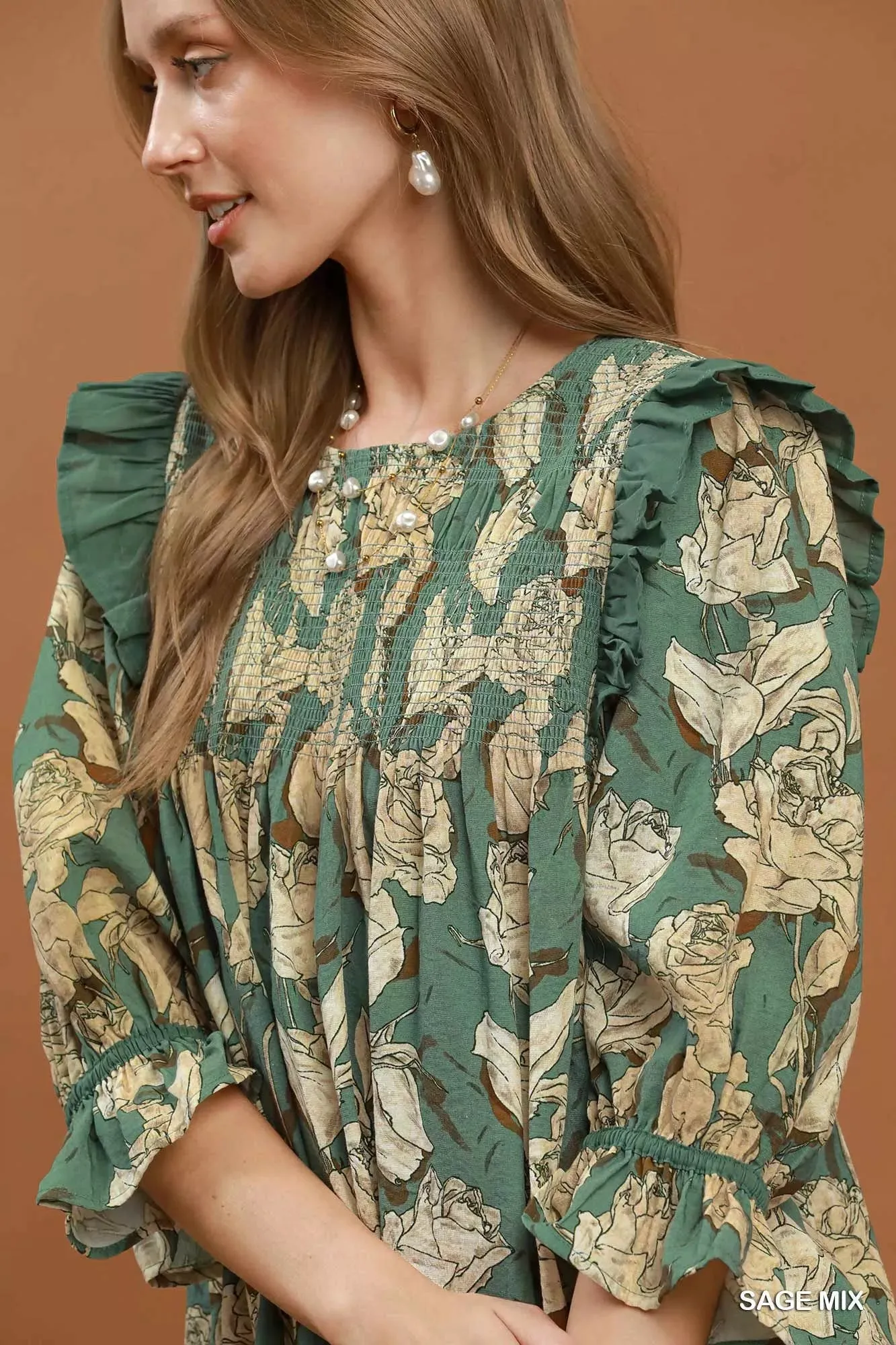 Umgee Mix Floral Print Smocked Ruffle Detail Flowy Dress sold by Charming Charlie product image thumbnail 5