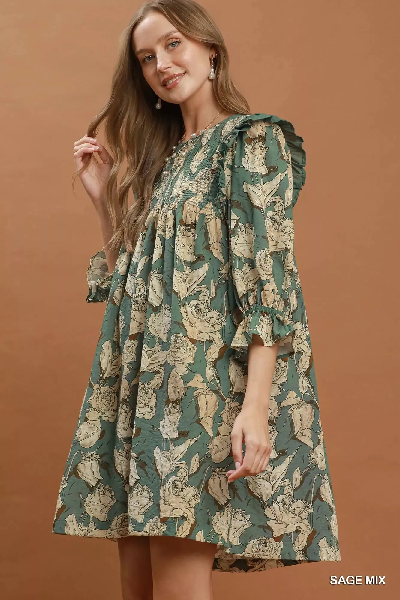 Umgee Mix Floral Print Smocked Ruffle Detail Flowy Dress sold by Charming Charlie product image thumbnail 2