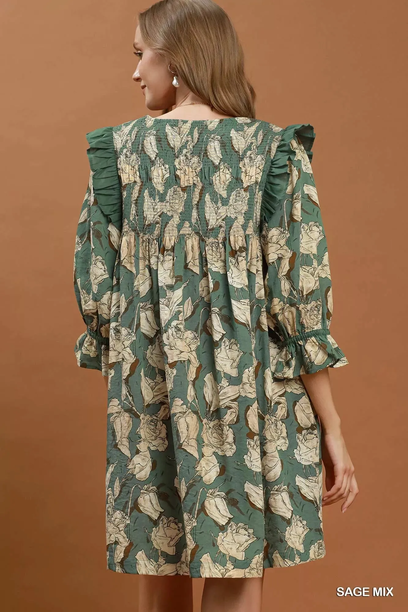 Umgee Mix Floral Print Smocked Ruffle Detail Flowy Dress sold by Charming Charlie product image thumbnail 3
